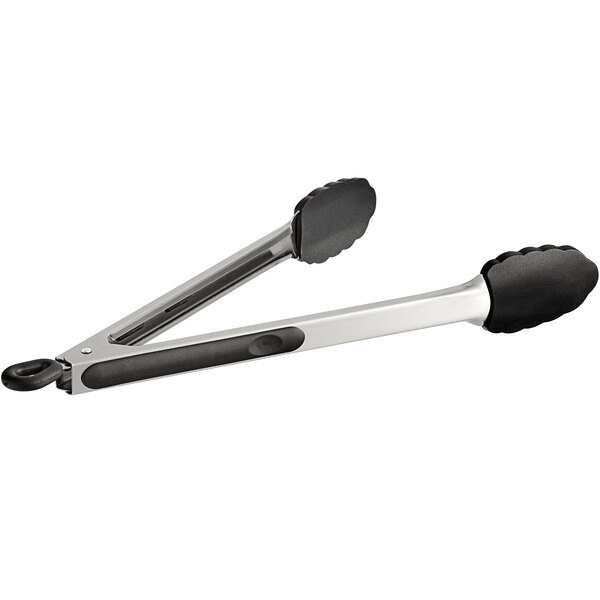 A Tablecraft black silicone tongs with stainless steel handles.