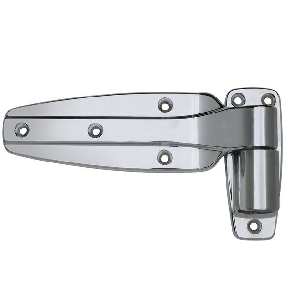 A close-up of a Kason polished chrome steel door hinge with screws.