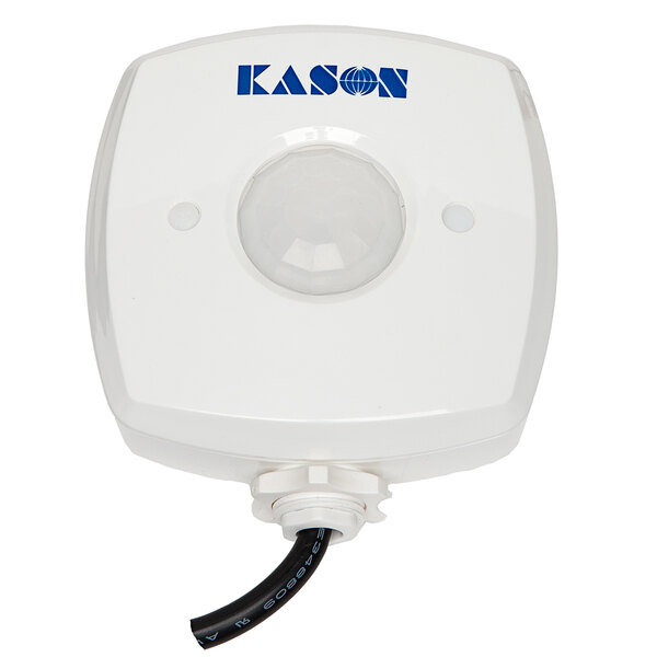 A white square Kason motion sensor with a black cord.
