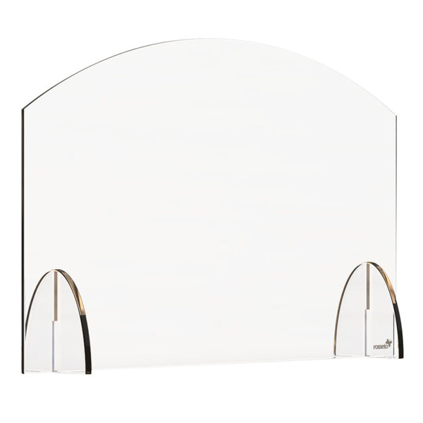 A Rosseto acrylic sneeze guard with clear surfaces and curved edges.