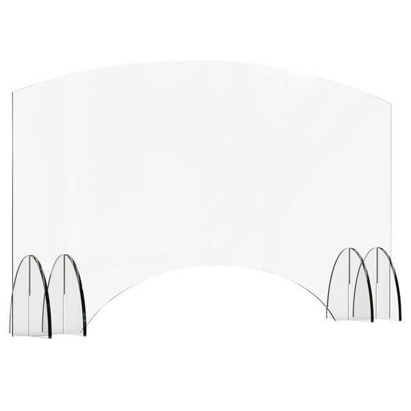 A clear acrylic screen with curved metal arms.