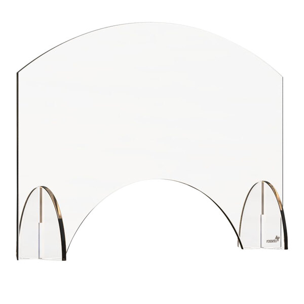 A clear acrylic sneeze guard with curved edges and two clear stands.