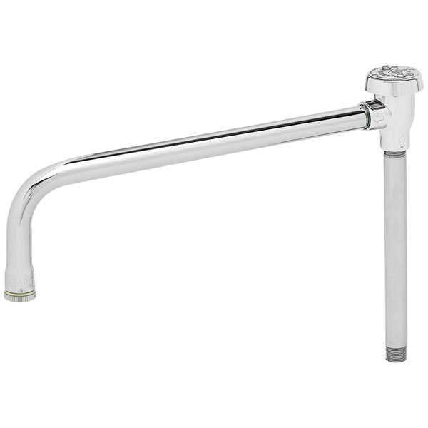 A silver T&S gooseneck faucet nozzle with a handle.