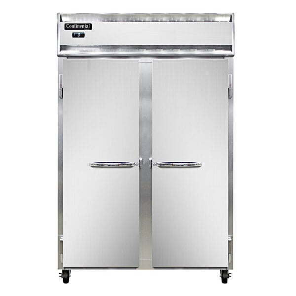 The open stainless steel doors of a Continental Refrigerator 2FNSS reach-in freezer.