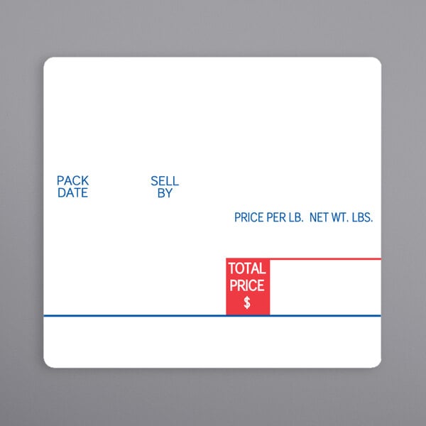 A white rectangular package with a white square label with blue and red text.