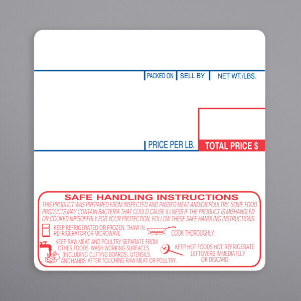 A close-up of a white Cas Safe Handling label with red and blue text.
