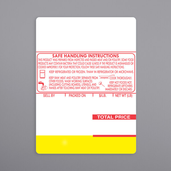 A white rectangular label with a yellow and red warning strip and text.