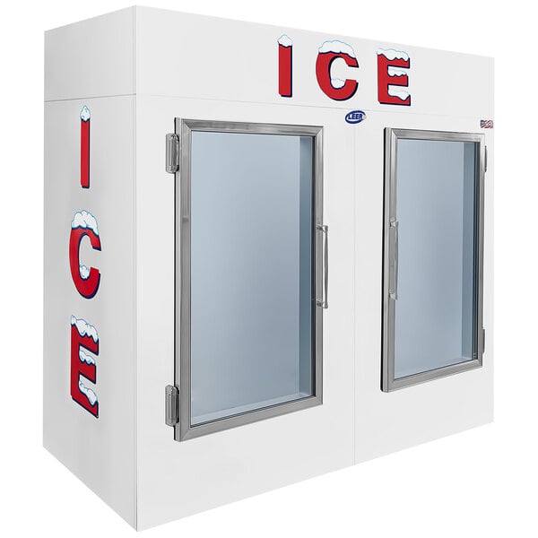 A white Leer ice merchandiser with two glass doors.