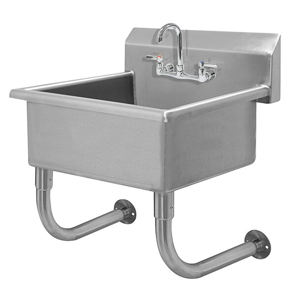 A stainless steel Advance Tabco wall mounted utility sink with a faucet above it.