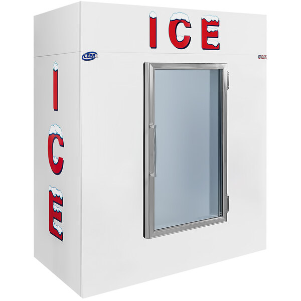 A white ice box with a glass door and the word "ice" on it.