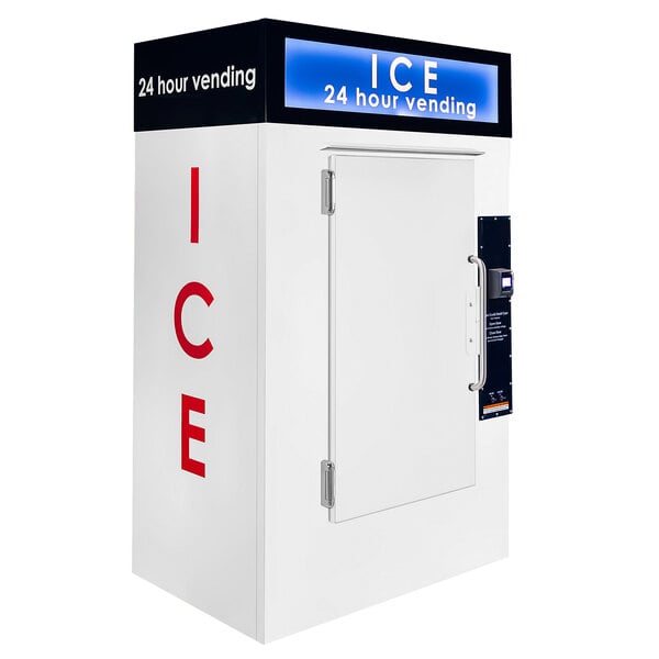 A Leer ice vending machine with a door and a sign that says "ice" on it.