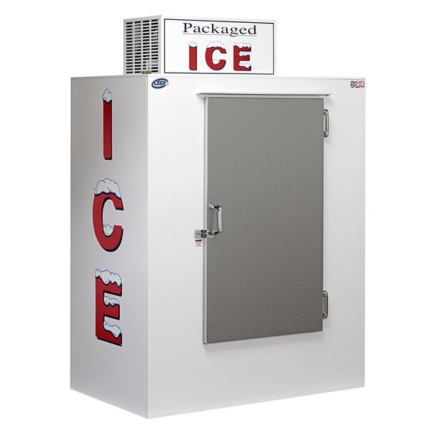 A white box with a galvanized steel door and the word "ice" on it.