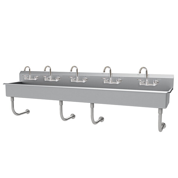 A wall mounted stainless steel multi-station hand sink from Advance Tabco with three sinks and five faucets.