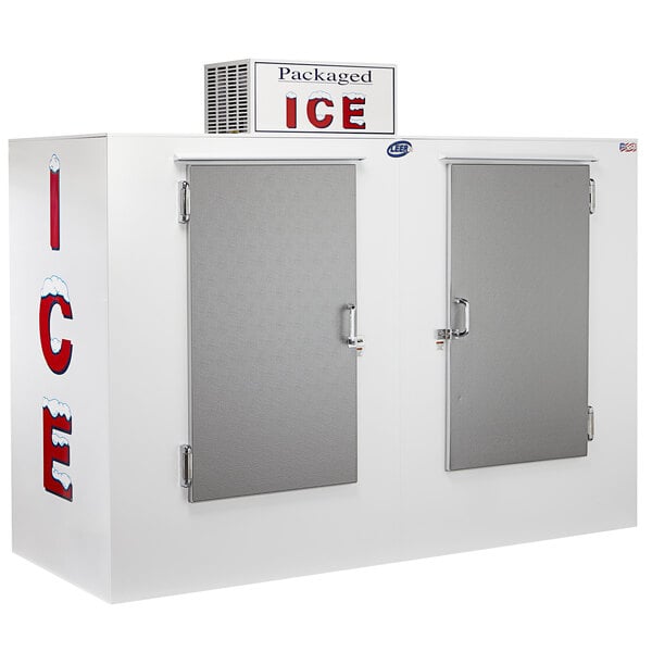 A white outdoor Leer ice merchandiser with galvanized steel doors.