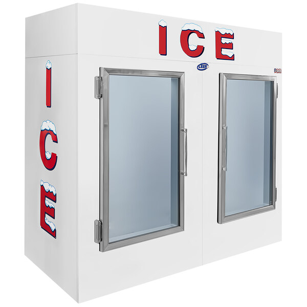 A white Leer ice merchandiser with glass doors open.
