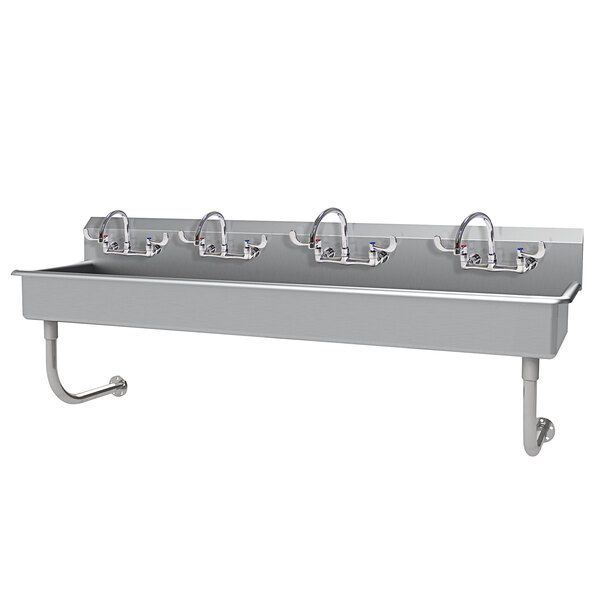 An Advance Tabco stainless steel wall mounted hand sink with 4 faucets.