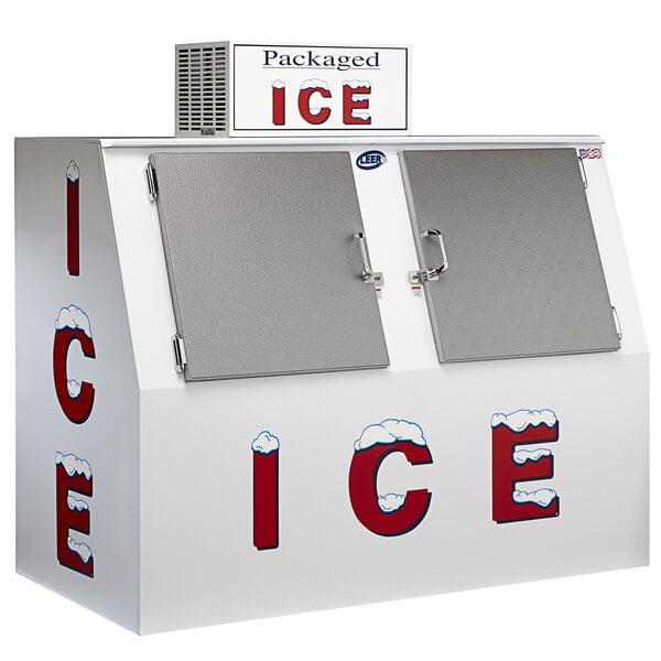 A white ice merchandiser with galvanized steel doors.