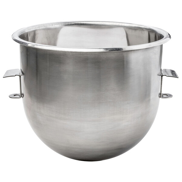 A silver stainless steel Centerline by Hobart mixing bowl with two handles.