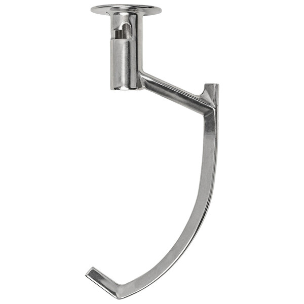 A chrome metal "J" dough hook with a long curved end.