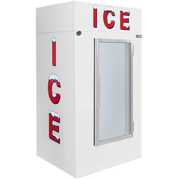 A white ice box with a glass door and the word "ice" on it.