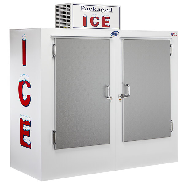 A white Leer ice merchandiser with galvanized steel doors.