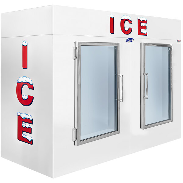 A white Leer indoor cold wall ice merchandiser with glass doors.