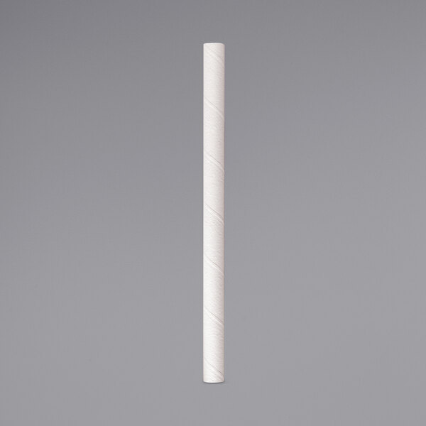 An unwrapped white paper straw with a white roll in the background.