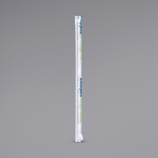 A white wrapped paper straw with blue and green text.