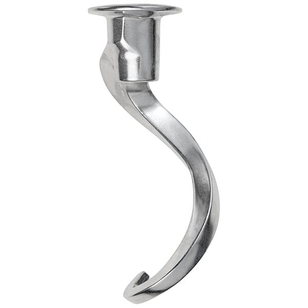 A silver metal Centerline dough hook with a curved handle.