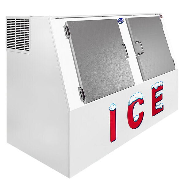 A white Leer ice merchandiser with galvanized steel doors.