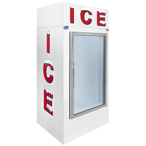 A white Leer ice merchandiser with a glass door and the word "ice" on it.