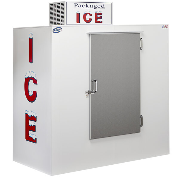 A white Leer ice merchandiser with a galvanized steel door.