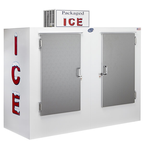 A white ice merchandiser with two galvanized steel doors.