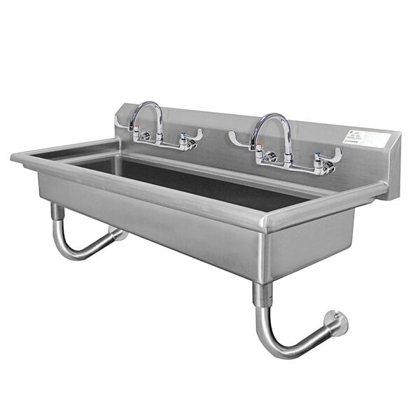 A stainless steel Advance Tabco wall mounted multi-station sink with two faucets.