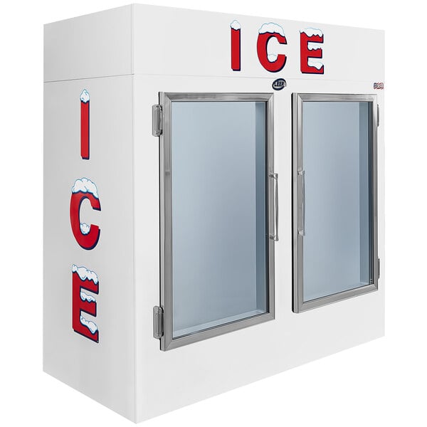 A white indoor ice merchandiser with glass doors.