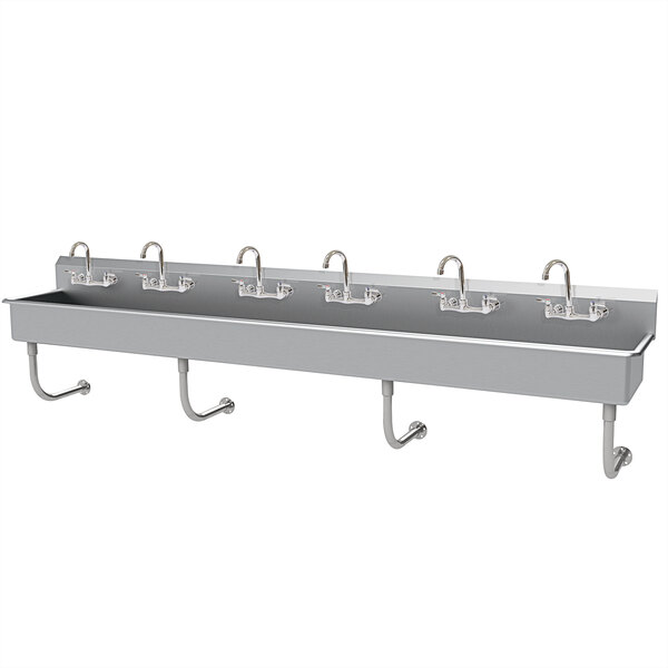 An Advance Tabco stainless steel wall mounted hand sink with 6 faucets.