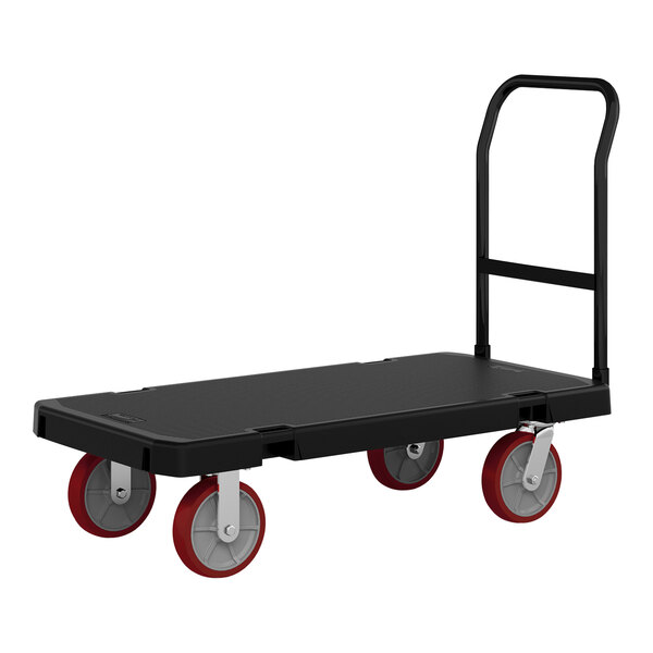A black platform truck with red wheels.