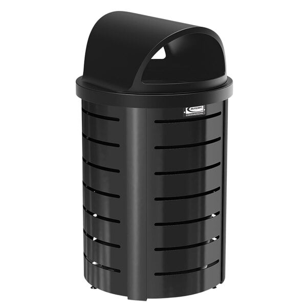 A Suncast black metal trash can with a lid.