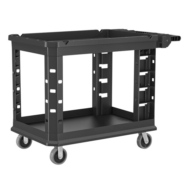 A black Suncast plastic utility cart with two shelves and wheels.