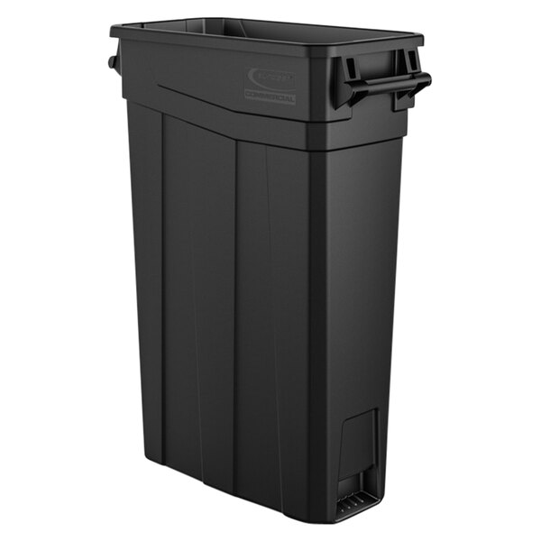 A Suncast black rectangular trash can with a lid and handles.