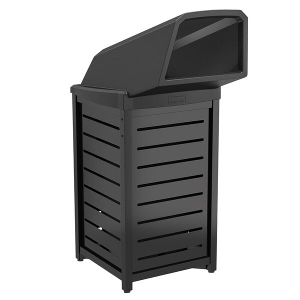 A Suncast black metal rectangular trash can with a lid.