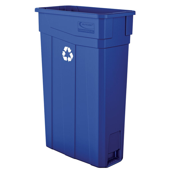 A blue Suncast slim rectangular recycling bin with a lid and recycle symbol.