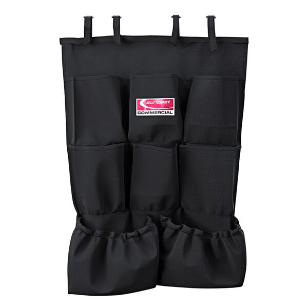 A black Suncast organizer bag with eight pockets.