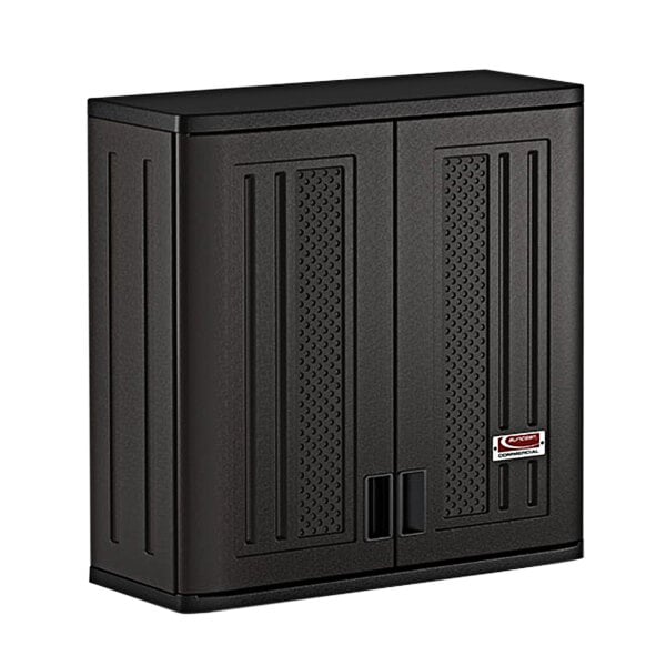 A dark gray metal cabinet with two doors.