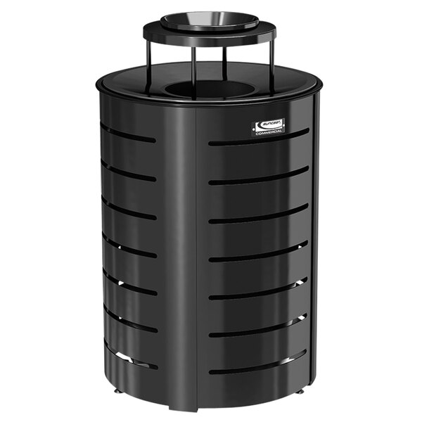 A Suncast black metal round trash can with a metal lid.