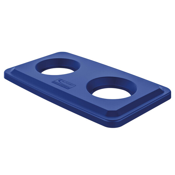 A blue rectangular plastic lid with two round holes.