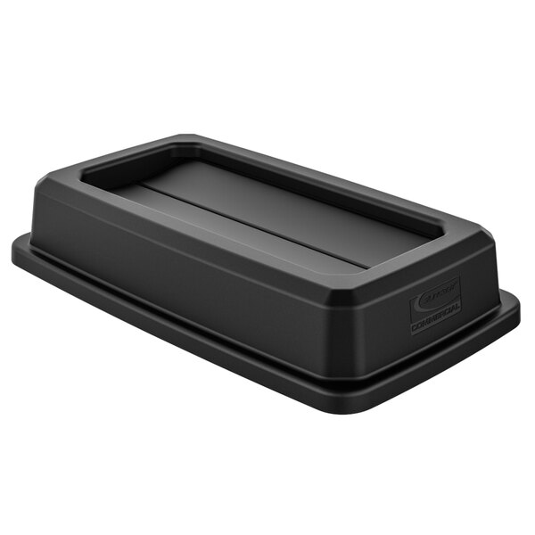 A black rectangular Suncast trash can lid with two flip tops.