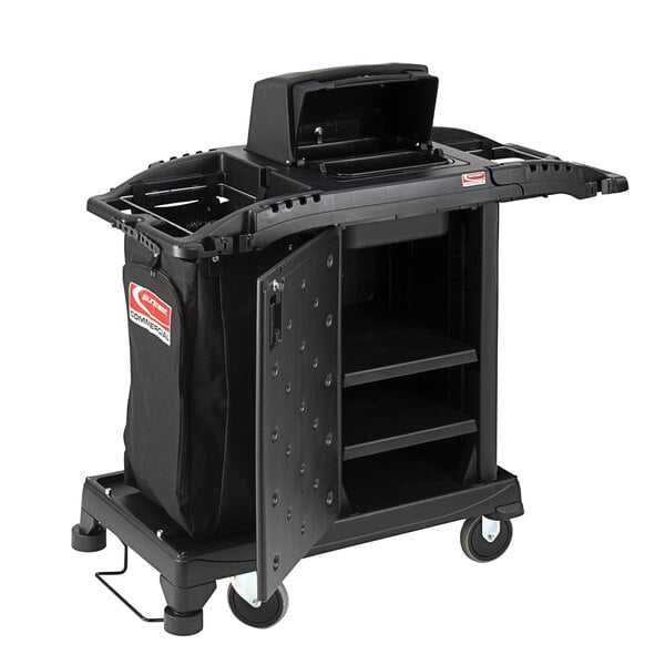 A black Suncast janitorial cart with a black bag and lockable hood.