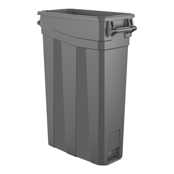 A gray Suncast rectangular trash can with handles and a lid.