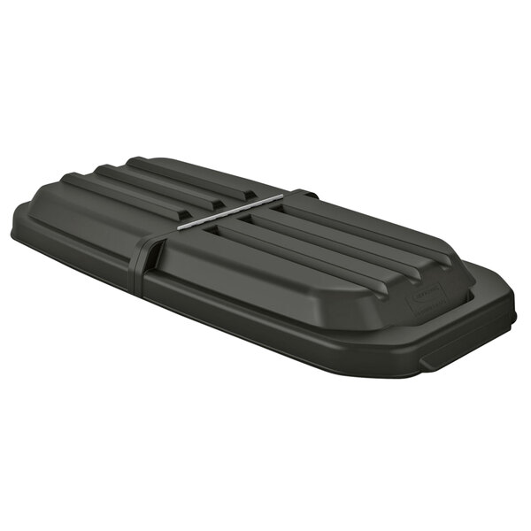 A black plastic Suncast tilt truck lid with a metal strap.